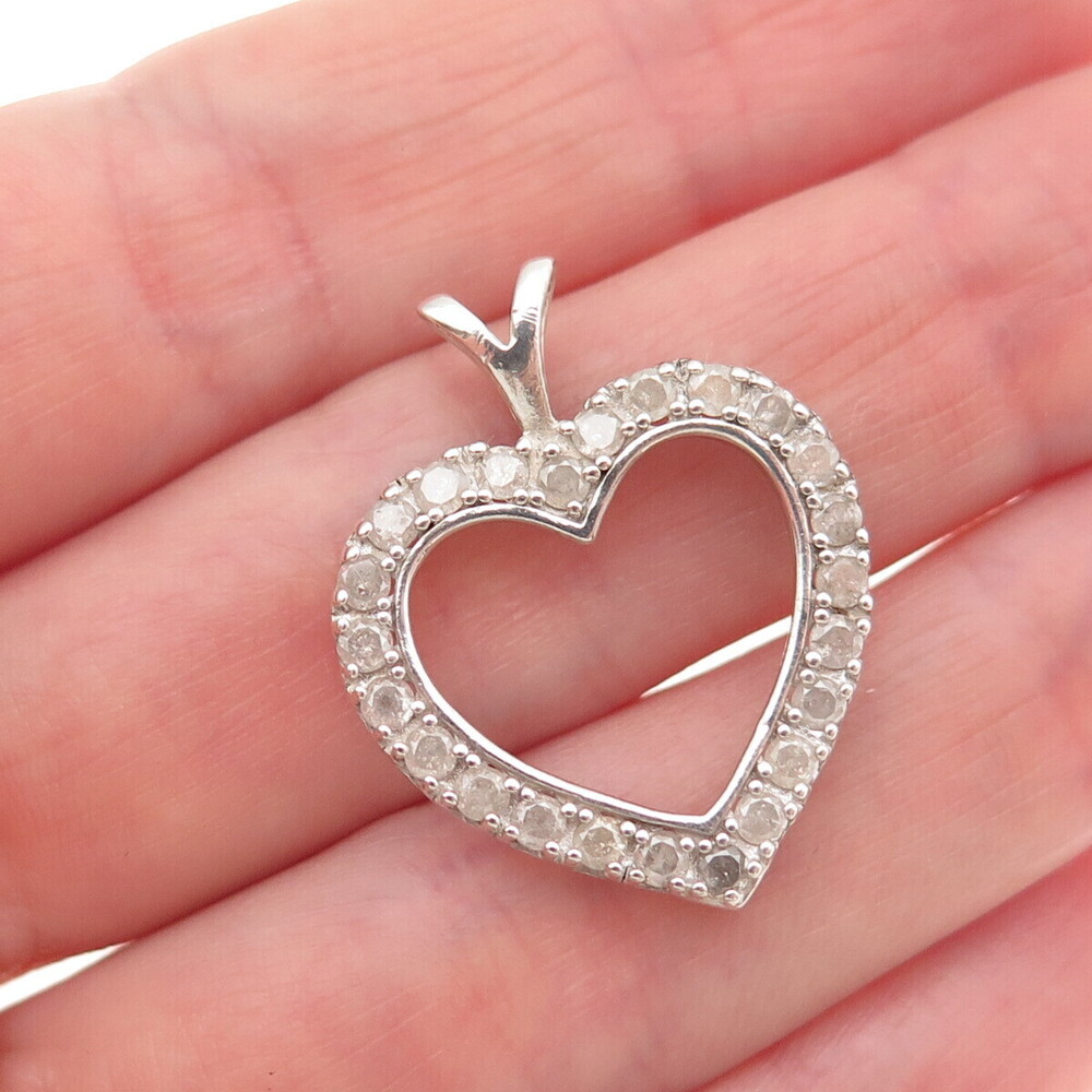 925 Sterling Silver Real Round-Cut Diamond Heart Charm Pendant